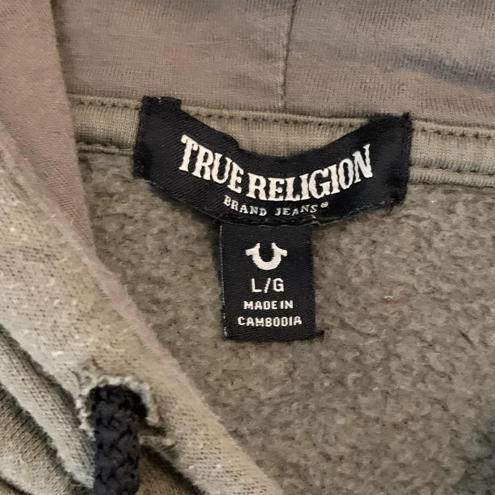 True Religion Hoodie Mens Large Green Full Zip Fleece Silicone Tape Logo